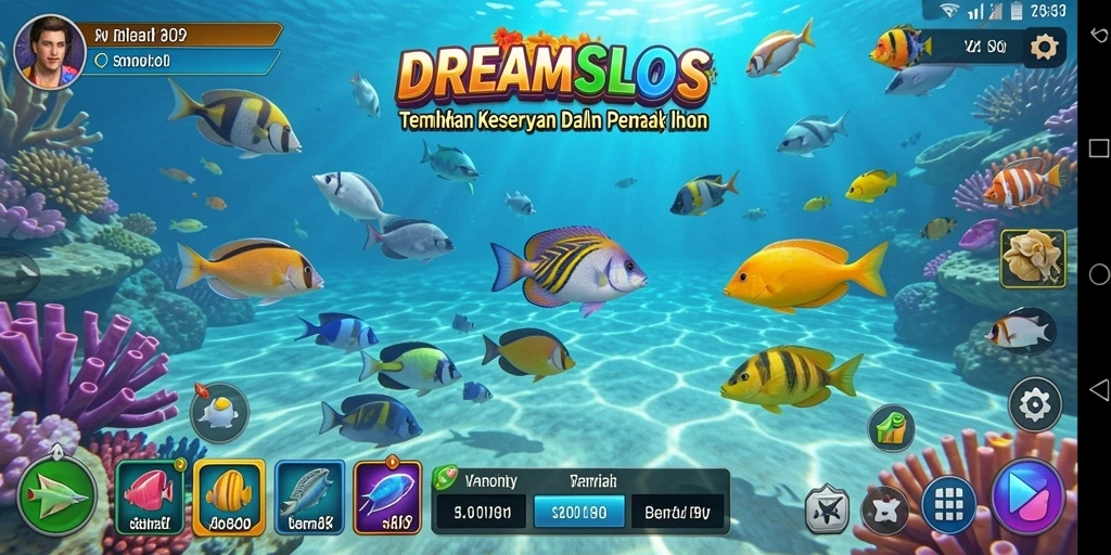 Screenshot utama DREAMSLOTS menampilkan gameplay Tembak Ikan yang seru.