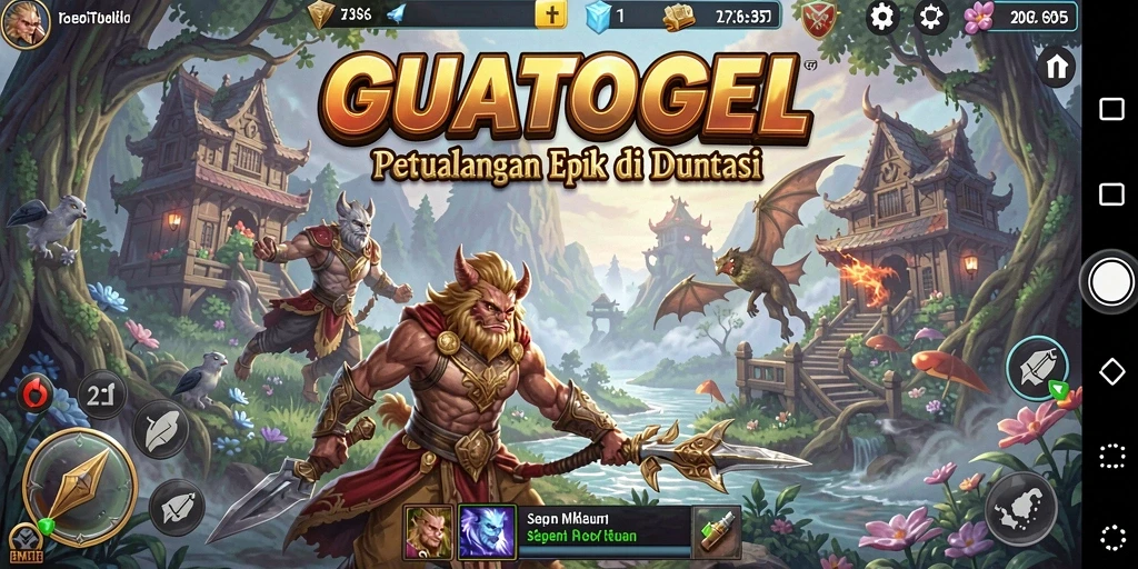 Screenshot utama GUATOGEL menampilkan aksi pertempuran epik dengan karakter unik.