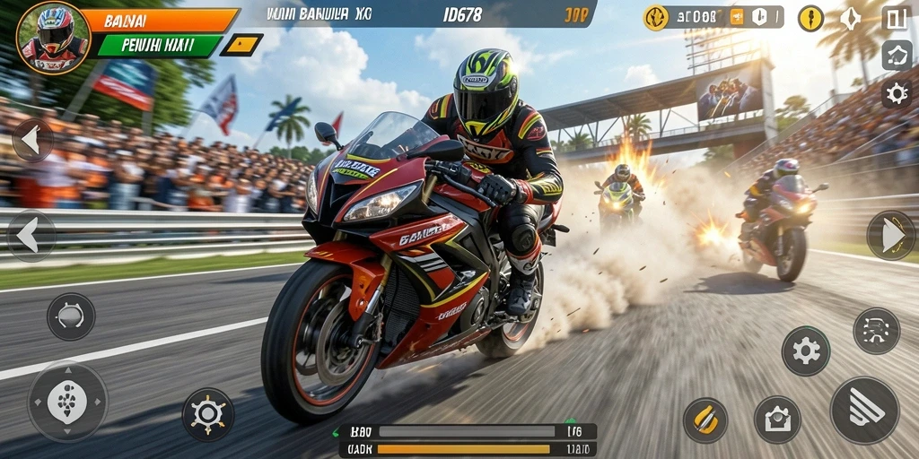 Tampilan gameplay mendebarkan dari ID678 dalam balapan motor.