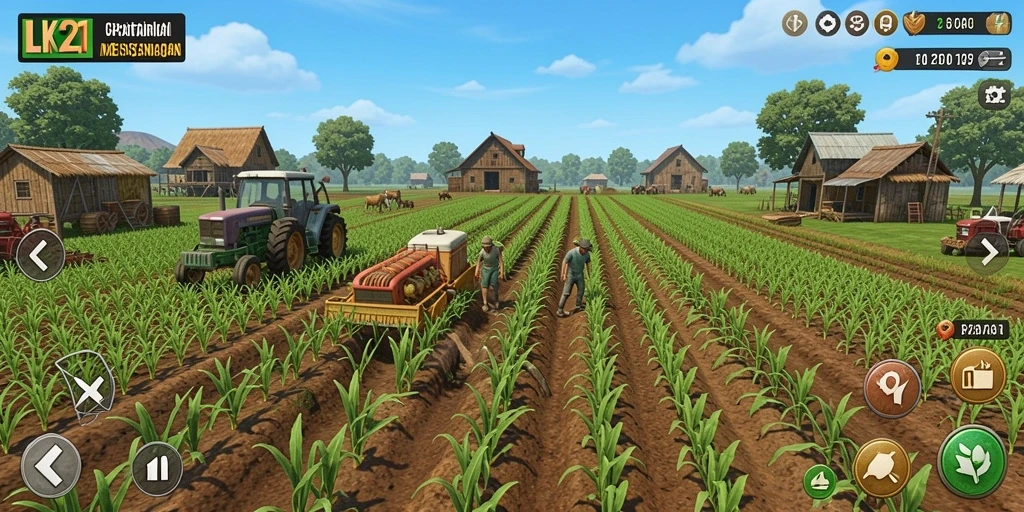 Screenshot gameplay LK21 yang menunjukkan ladang pertanian yang subur.