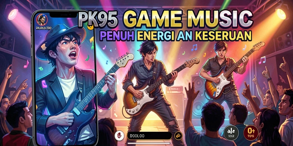 Tampilan gameplay PK95 yang penuh warna dan ritme musik yang menarik.