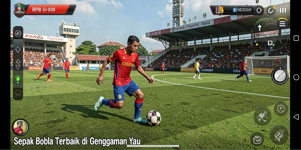 Tampilan gameplay RP8 dengan aksi sepak bola yang seru dan dinamis.