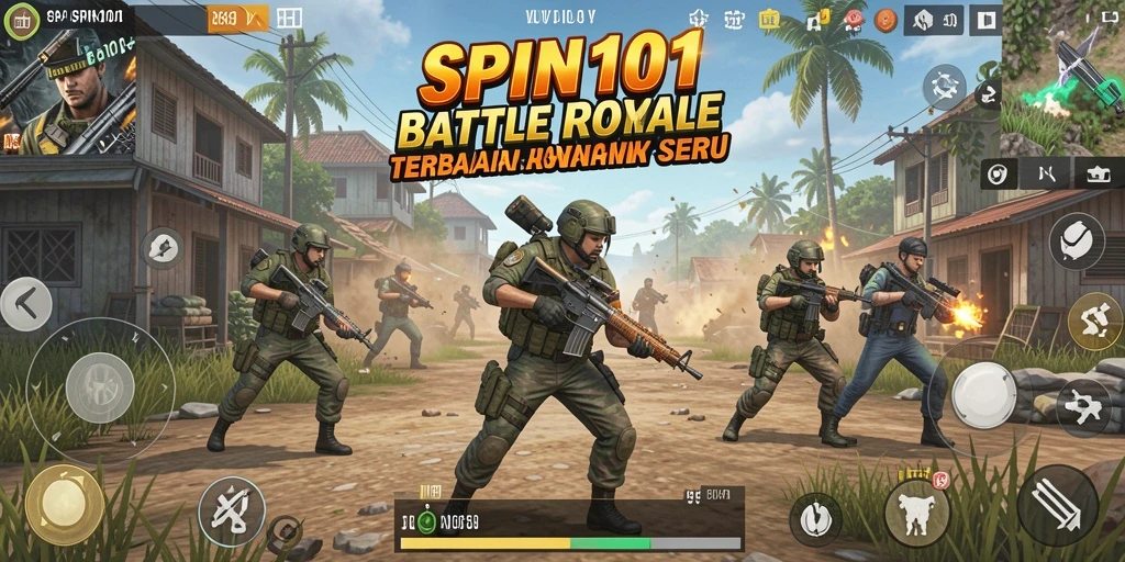 Tampilan permainan SPIN101 dengan aksi Battle Royale yang intens.