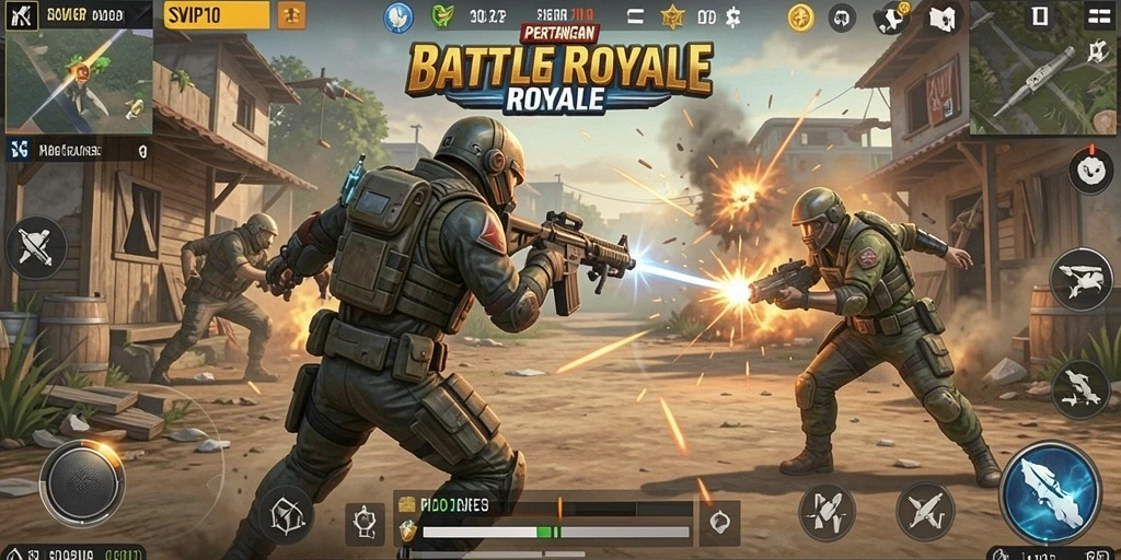 Screenshot SVIP10 menampilkan aksi pertempuran seru dalam arena Battle Royale.